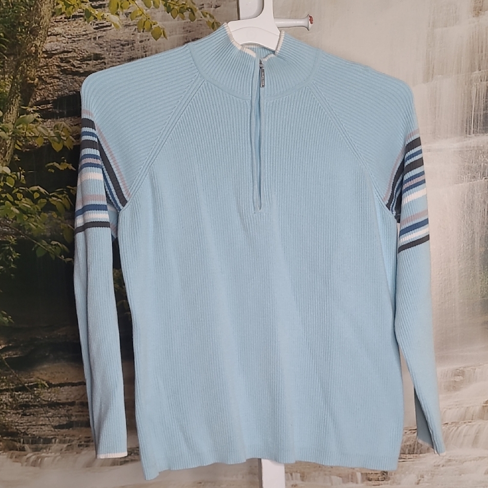 Daisy Fuentes Womens 1X baby blue striped long sleeve quarter zip ribbed sweater